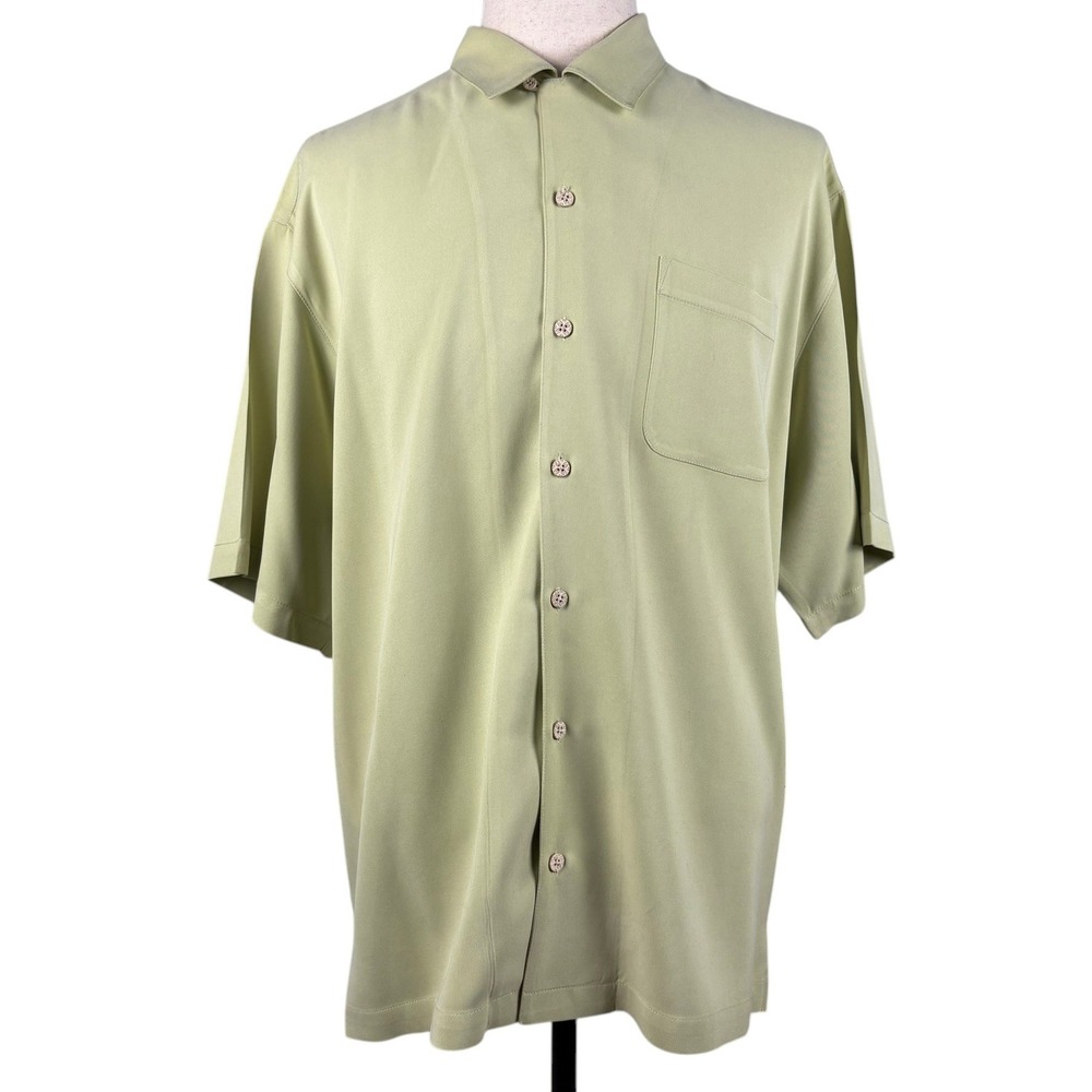 Tommy Bahama 100% Silk Camp Shirt Mens XL Sage Green Short Sleeve Loop Collar